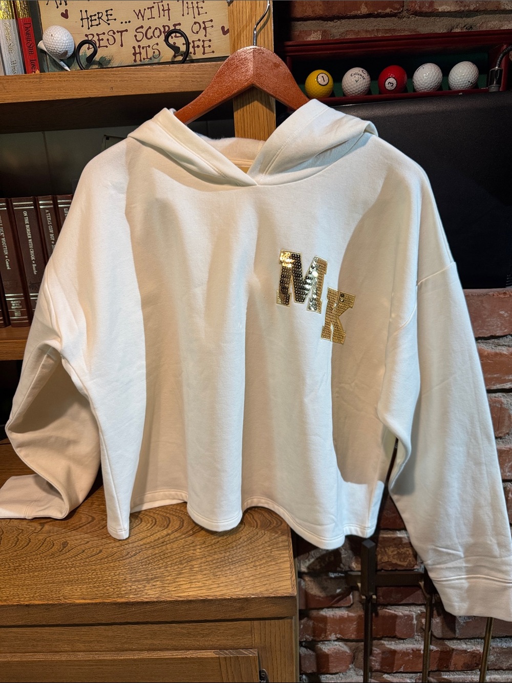 Michael Kors White Womens cropped Hoodie with Gold Sequin MK.